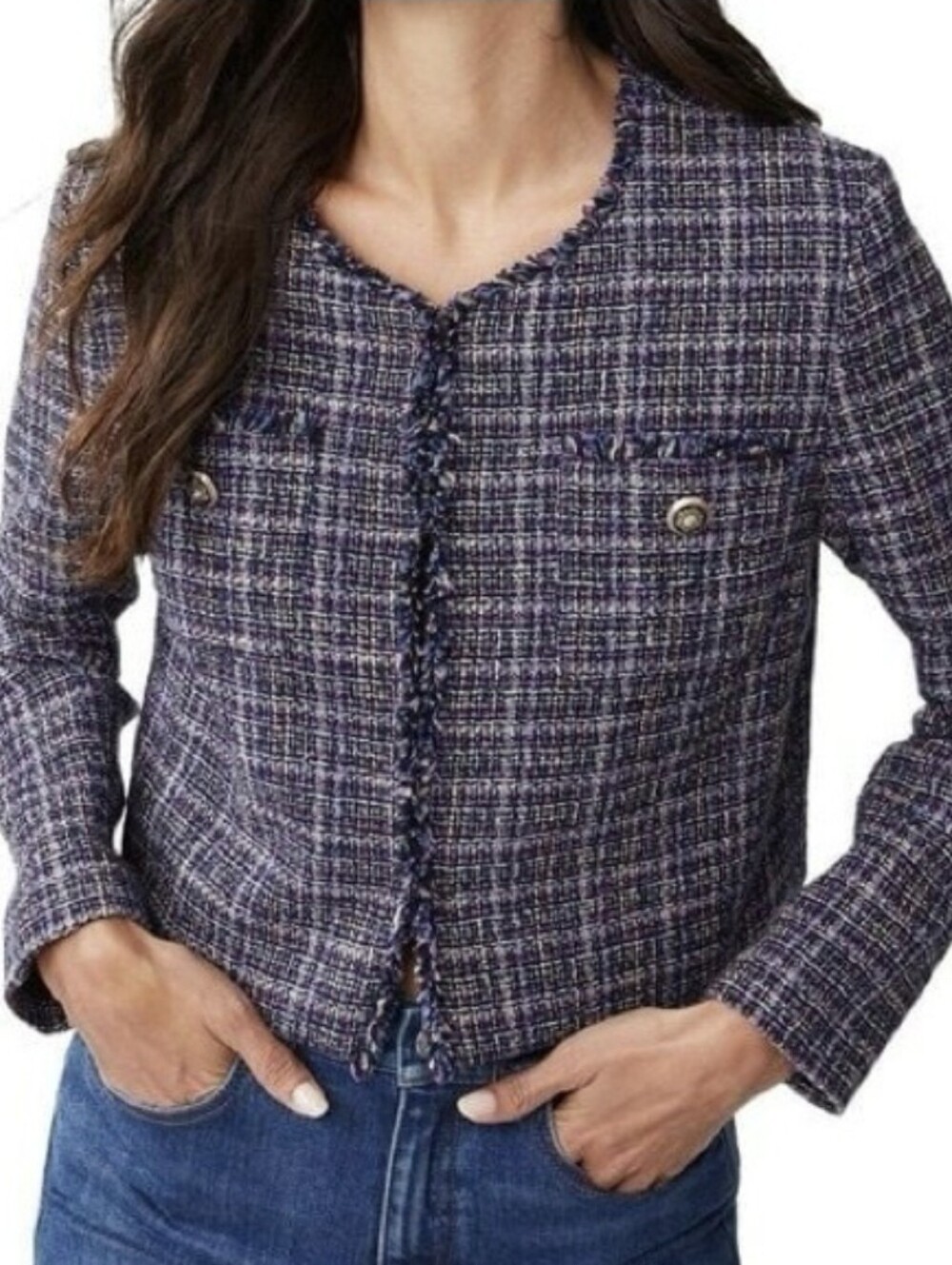 J. McLaughlin Tweed Blazer L Pemille Cropped Suit Jacket Boucle Fringed Bolero